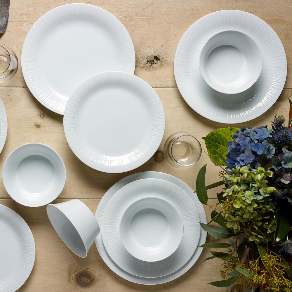 White Porcelain Embossed 24-Piece Dinnerware Set, Service for 6