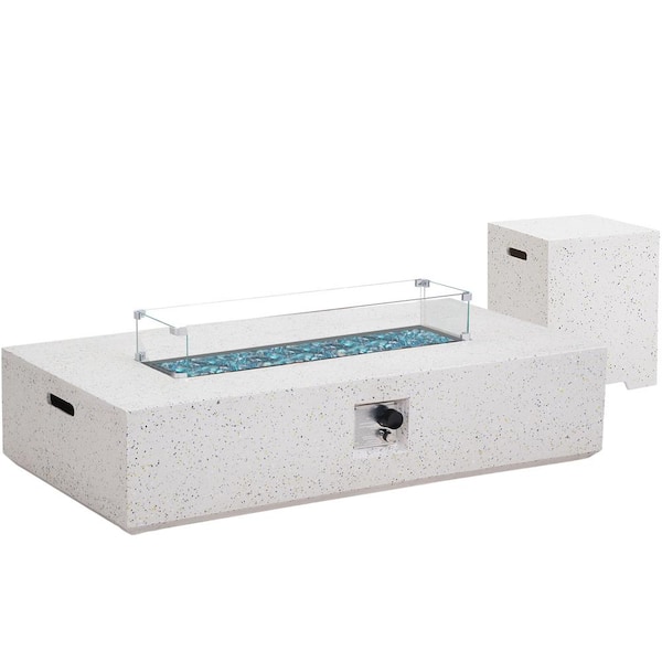 Unbranded 56 in. Concrete Outdoor Propane Gas Fire Pit Table in White 50,000 BTU with Propane Tank Table and Glass Wind Guard