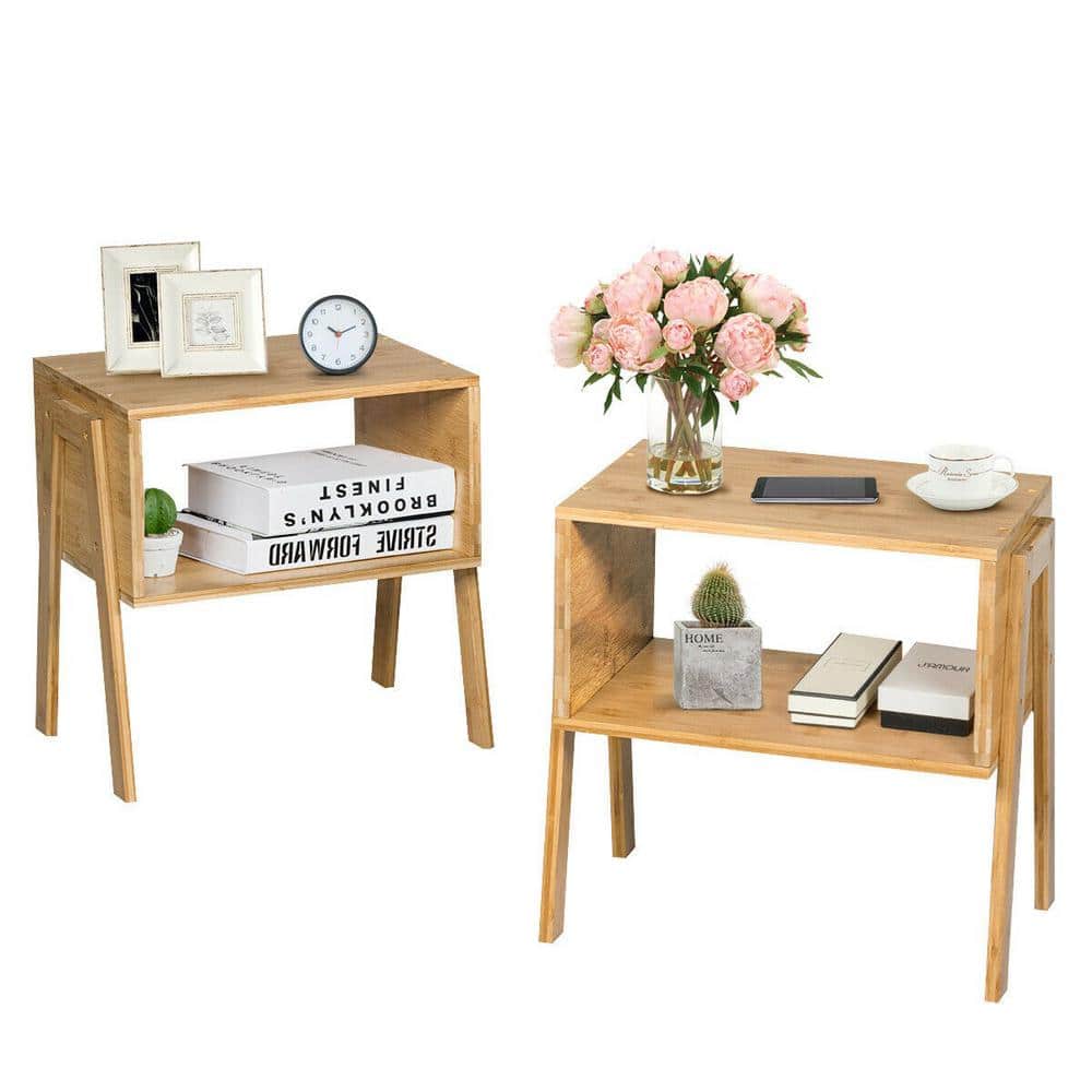 16 in. Brown 2-Piece Bamboo Side End Tables Nightstands with Shelf