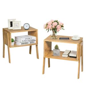 16 in. Brown 2-Piece Bamboo Side End Tables Nightstands with Shelf