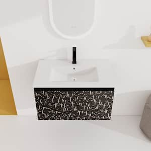 30 in. x 18.5 in. x 17.5 in. Floating Wall-Mounted Bathroom Vanity Storage Cabinet in Black with White Ceramic Top