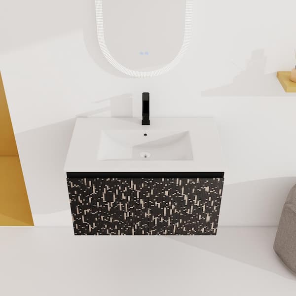 30 in. x 18.5 in. x 17.5 in. Floating Wall-Mounted Bathroom Vanity Storage Cabinet in Black with White Ceramic Top