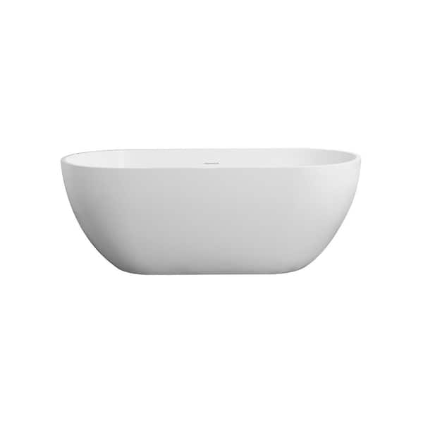 VANITYFUS 59 in. x 29.5 in. Oval Solid Surface Freestanding Soaking Bathtub with Center Drain in Matte White