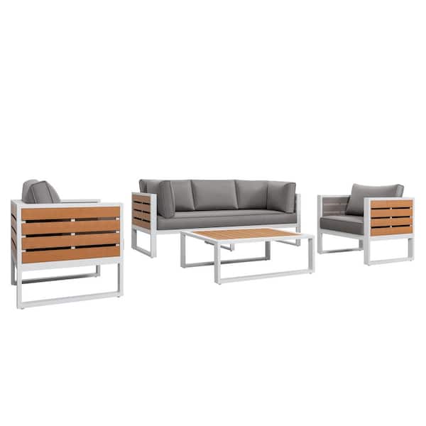 Nuu Garden White 4-Piece Aluminum Patio Conversation Seating Set with Gray Cushions, Imitation Wood, Polyester Fabric