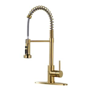 Single Handle Pull Down Sprayer Kitchen Faucet, Stainless Steel Spring Kitchen Sink Faucet in Brushed Gold