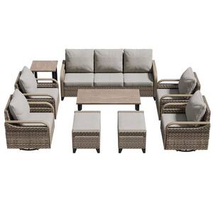 9-Piece Brown Wicker Outdoor Patio Conversation Sofa Set with Swivel Chairs, Gray Cushions, Ottomans and Side Table