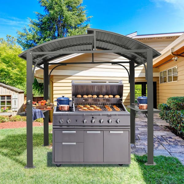 Unbranded 8 ft. x 5 ft. Metal Outdoor Patio Grill Covered Gazebo, Curved Roof, with Double Galvanized Steel Roof and 2 Side Frames