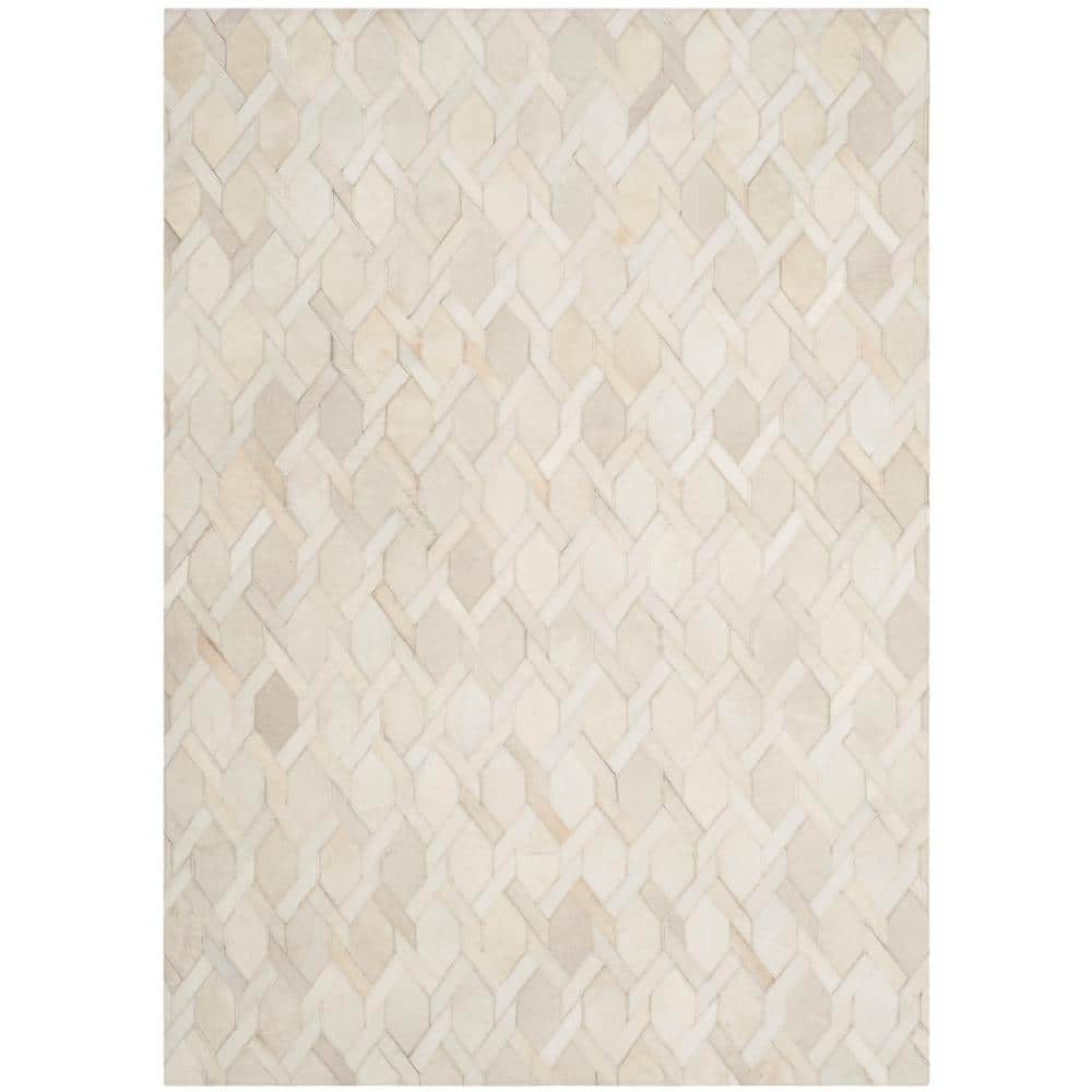 Ivory Geometric Hand-Knotted Cowhide Area Rug, 4' x 6'