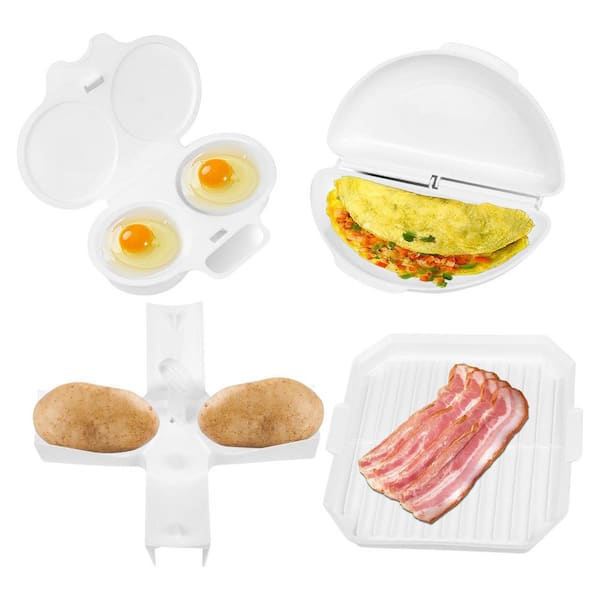 4-Piece White Microwave Breakfast Set with Non-Stick Egg Cooker, Omelet Maker, Bacon Grill, and Potato Cooker