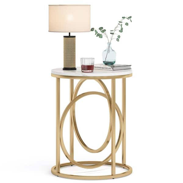 TRIBESIGNS WAY TO ORIGIN Andrea 20 in. Marble White Round Wood End Table with Gold O-shaped Base