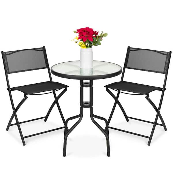 Unbranded Black 3-Piece Metal Outdoor Bistro Set with Glass Table and 2 Foldable Chairs