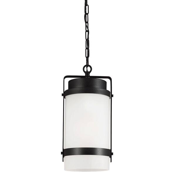 Generation Lighting Bucktown 1-Light Outdoor Black Hanging Pendant with Satin Etched Glass