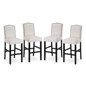 45.00 in. H Cream White Leatherette Barchair with Studded Decoration High Back Black Solid Rubberwood Legs (Set of 4)