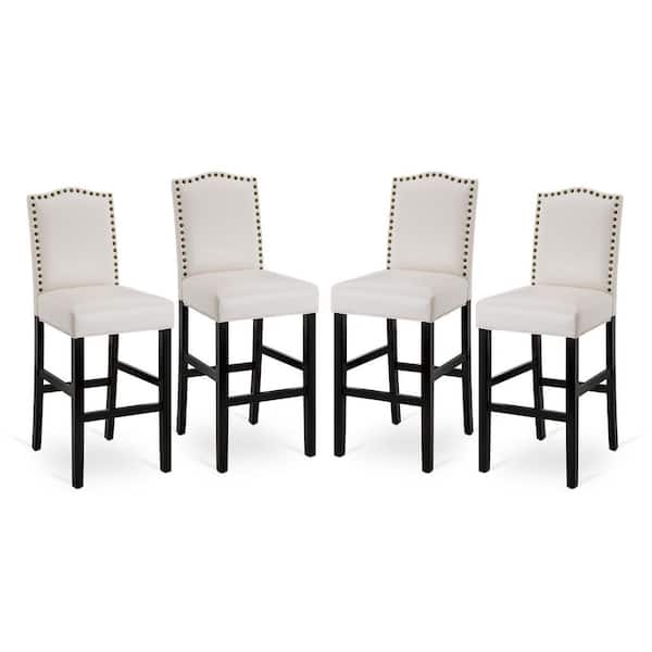45.00 in. H Cream White Leatherette Barchair with Studded Decoration High Back Black Solid Rubberwood Legs (Set of 4)
