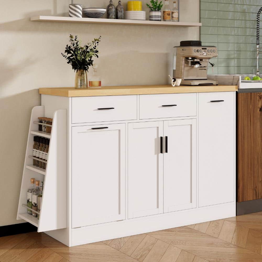 Multi-Functional White Wood Tabletop 58 in. Kitchen Island with Trash Can Storage, 3-Tier Pull-Out Rack price history on PriceWatchPro