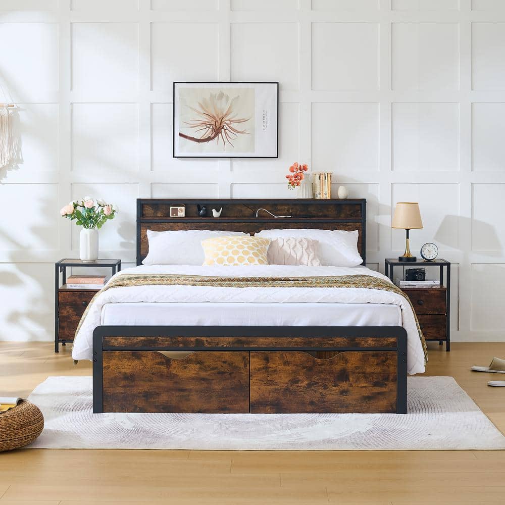 Noble House Baisly Antique Brown Iron Frame Full Size Platform Bed with Headboard and Footboard 111366