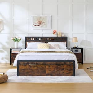 Baisly Antique Brown Iron Frame Full Size Platform Bed with Headboard and Footboard