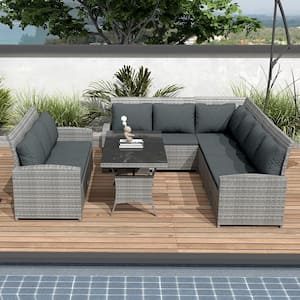 Gray 5-Piece Wicker Outdoor Sectional Sofa Set with Dark Gray Cushions and Table
