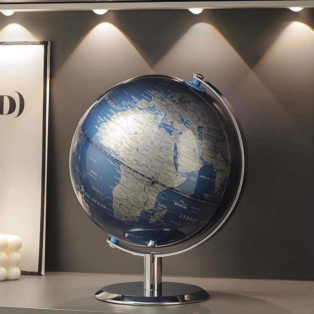 11 in. x 8 in. World Globe w/ Stainless Stand-Modern Desk Decor