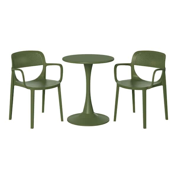 Frond and Form Outdoor Patio Modern 3-Piece Round HDPE Plastic Bistro Dining Set with Stackable Chairs, Olive Green