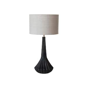 24 in. Black Mango Wood Pleated Table Lamp with Natural Color Linen Shade