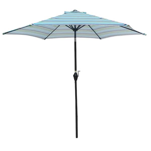 GAWEZA 9 ft. Metal Market Tilt Patio Umbrella in Blue Striped with Push Button Tilt and Crank for Table Deck Pool Backyard Lawn