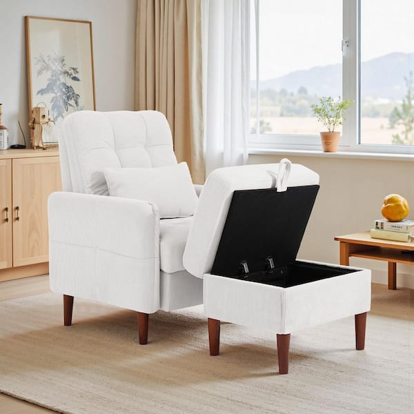 White Corduroy Fabric Upholstered Accent Arm Chair with Storage Ottoman and Adjustable Backrest (Set-1)