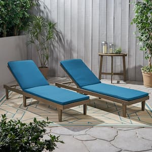 Nadine Grey 2-Piece Wood Outdoor Chaise Lounge with Blue Cushions