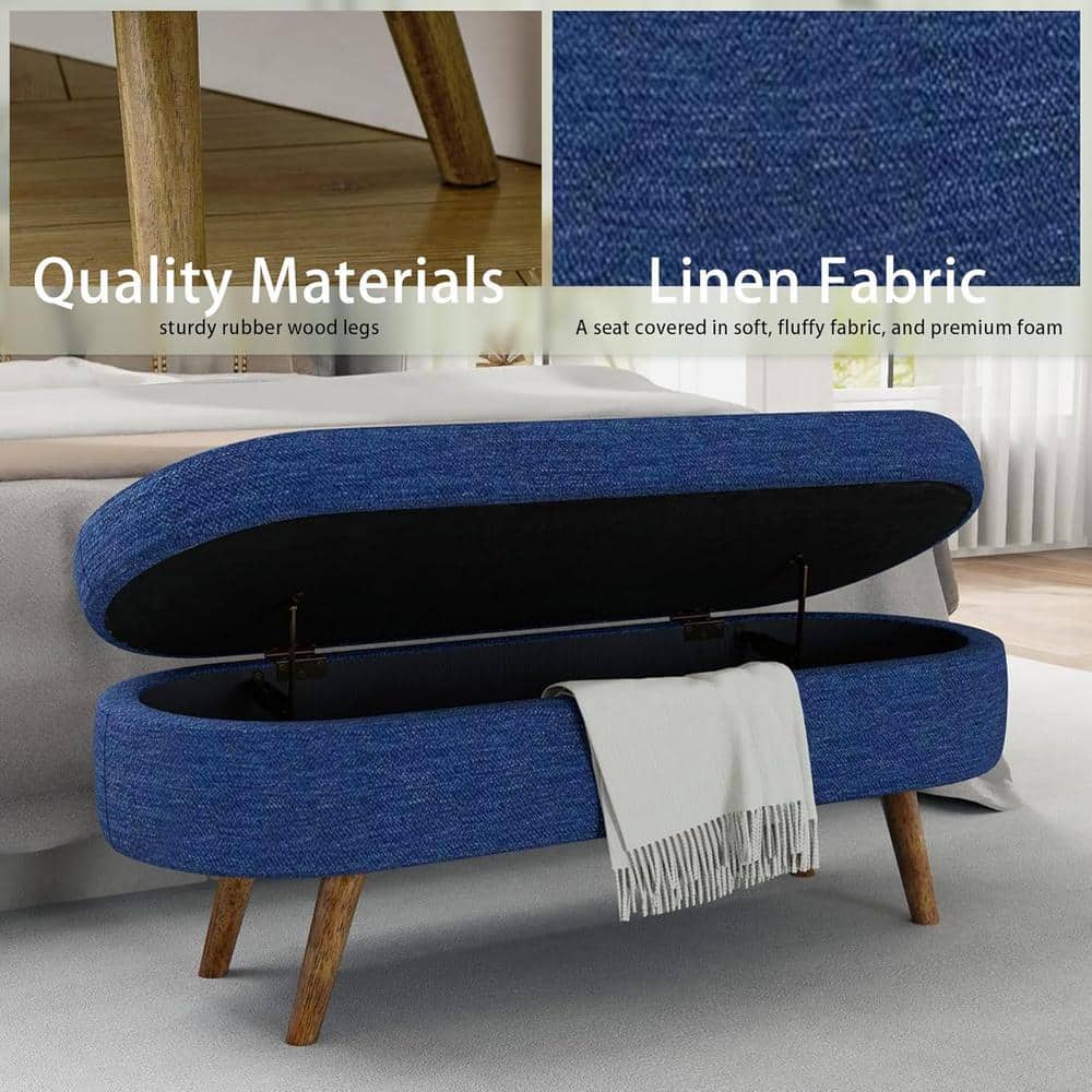 Blue 44 in. Bedroom Bench Linen Fabric Upholstered Entryway Bench with Soli