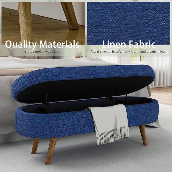 CSC DECOR INC Blue 44 in. Bedroom Bench Linen Fabric Upholstered Entryway Bench with Solid Wood Legs Ottoman Bench Oval Storage Bench