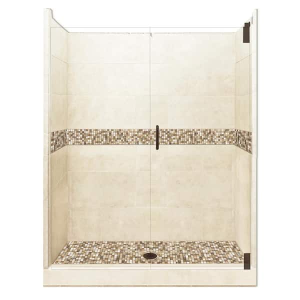 American Bath Factory Roma Grand Hinged 42 in. x 60 in. x 80 in. Center Drain Alcove Shower Kit in Desert Sand and Old Bronze Hardware
