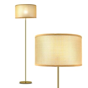 Zion 65 in. Antique Brass Mid-Century Modern 1-Light LED Energy Efficient Floor Lamp with Gold Fabric Drum Shade