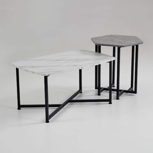 Benjara Shy 19 in. Gray, White and Black Rectangle MDF Wood 2-Pieces Coffee Table Set