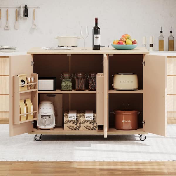 Oasis Wood Wood 51.2 in. Kitchen Island with Drop Leaf, Coastal Kitchen Island on Wheels with Internal Storage Rack
