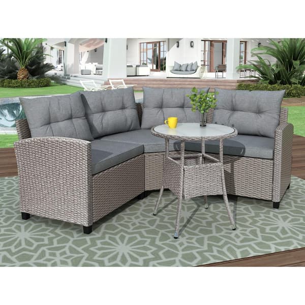 Wateday Gray 4-Piece Wicker Patio Conversation Seating Set Gray Cushions