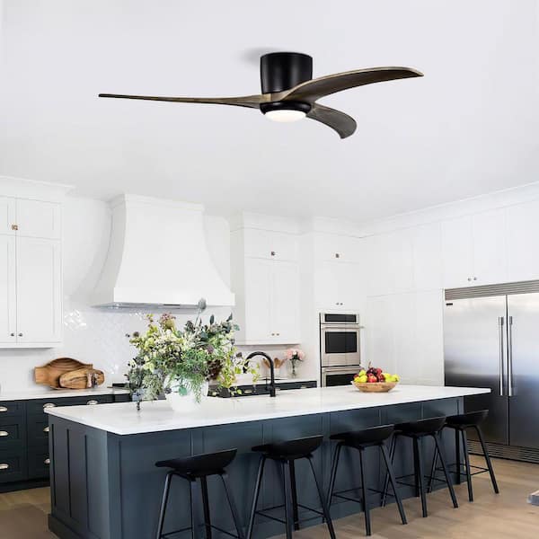 52 in. Flush Mount Matte Black 3 Wood Blades Ceiling Fan with Light, 6 Speed and Remote-Control Reversible DC Motor