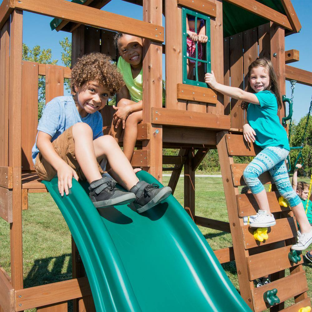 Elkhorn Wooden Backyard Swing Set with Slide and Climbing Wall