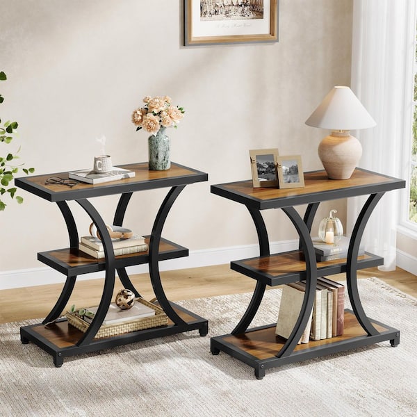 23.6 in. Rustic Brown Rectangle Engineered Wood Narrow End Table Set of 2, Sofa Side Table with Storage Shelves