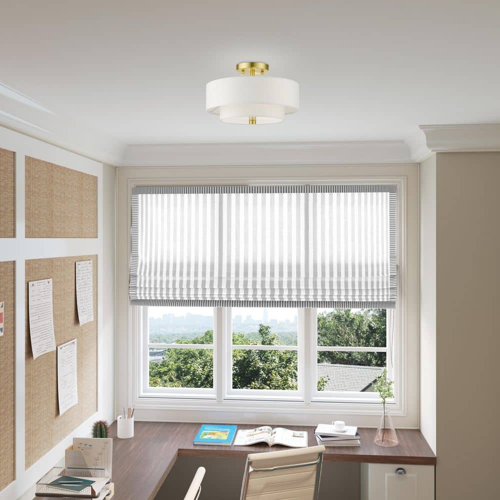 Satin Brass Glass Drum 2-Light Semi-Flush Mount