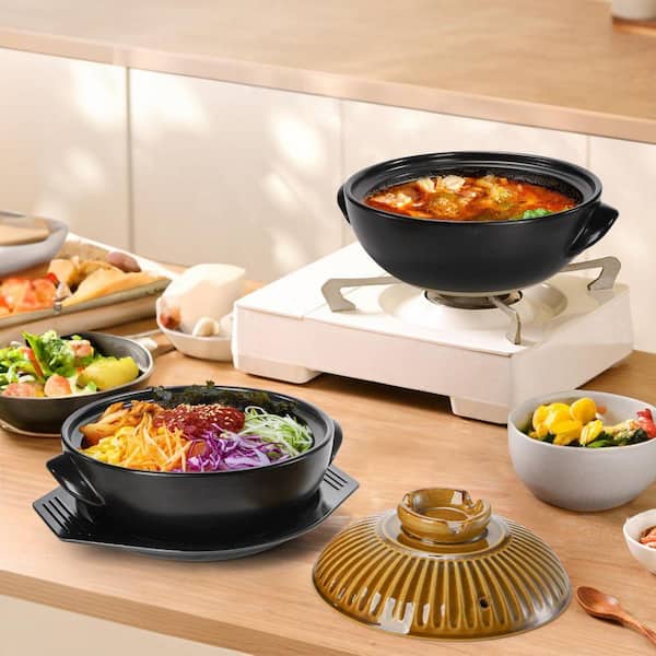 UUDULY Korean Ceramic 1-Piece Black Clay Pot with Copper Lid