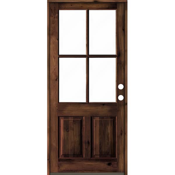 Krosswood Doors 32 in. x 96 in. Knotty Alder Left-Hand/Inswing 4-Lite Clear Glass Red Mahogany Stain Wood Prehung Front Door