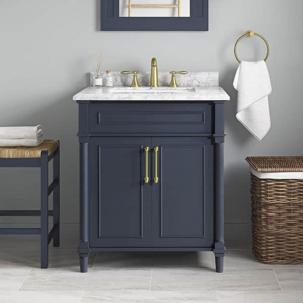 Aberdeen 30 in. Single Sink Midnight Blue Bath Vanity with Carrara Marble Top (Assembled)