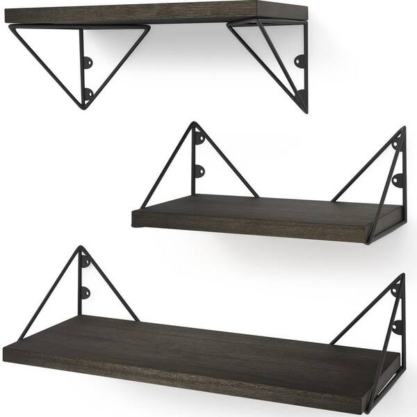 Unbranded Rustic Charcoal Pine Wood Floating Shelf (Set of 3)