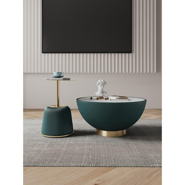 Manhattan Comfort Anderson 28.15 in. Green Round Leatherette Upholstered Faux Marble Coffee Table with 15.75 in. End Table