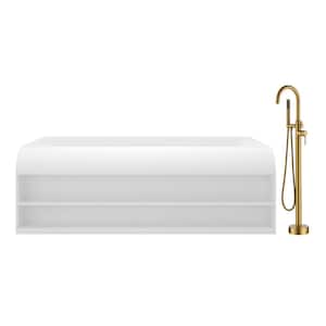 69 in. 36 in. Stone Resin Soaking Solid Surface Bathtub in Matte White with Standing Faucet in Brushed Brass