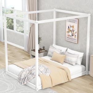 White Wood Frame Queen Canopy Bed with Support Legs
