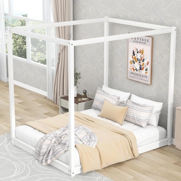 Harper & Bright Designs White Wood Frame Queen Canopy Bed with Support Legs