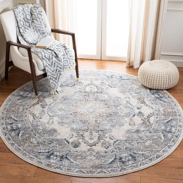 Oregon Beige/Gray 7 ft. x 7 ft. Distressed Floral Medallion Round Area Rug