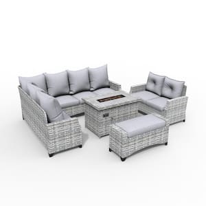 Ethan Gray 5-Piece Wicker Patio Fire Pit Conversation Sofa Set with Gray Cushions