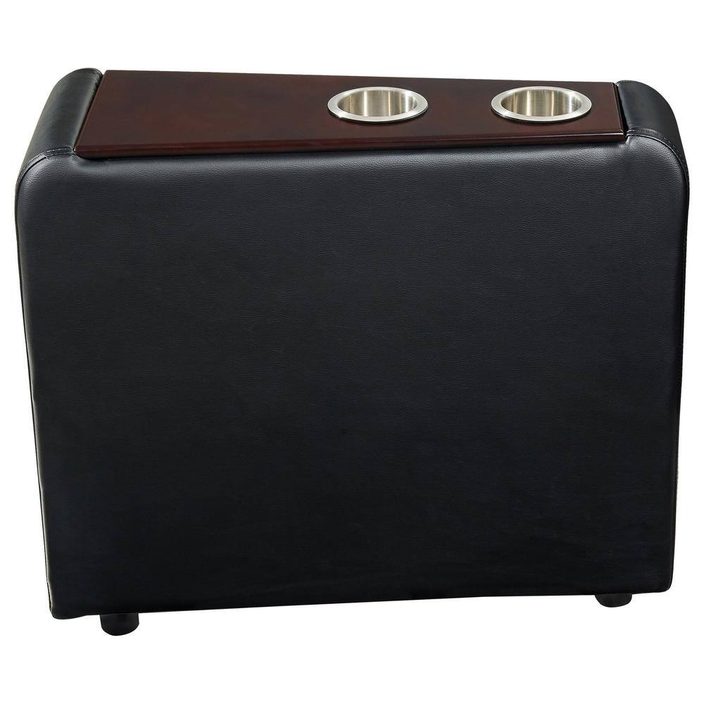 Front view of a black leather console table with cup holders.